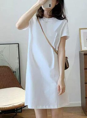 白色百搭纯棉短袖女夏连衣裙