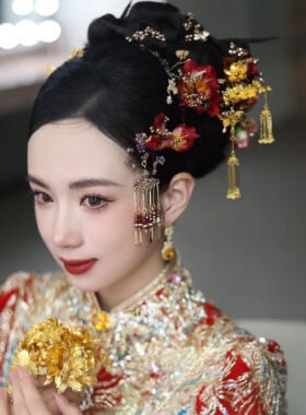 奈思新款红金绒花百搭侧边夹秀禾龙凤褂头饰12752