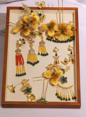 ETE金色绒花立体造型感新中式秀禾龙凤褂配饰大气百搭13274