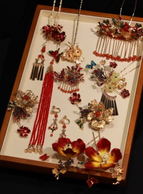 ETE正品新款红金撞色新娘高级绒花大气流苏精致发饰套装12878