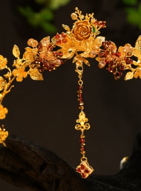 ETE正品中式秀禾新娘头饰高级感金红色减龄款古风发饰13357