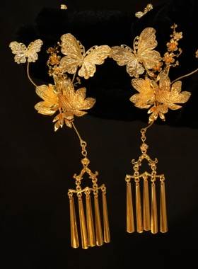 ETE正品新款百搭金色蝴蝶流苏新娘龙凤褂造型边夹侧边头饰12883