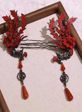 ETE正品红色凤凰边夹流苏简约国风秀禾点缀配饰13098