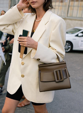 秋新INS北欧old celin金扣奶白色西装宽肩廓形西服精纺羊毛面料女