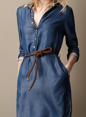Bur*家长袖天丝牛仔连衣裙 复古靛蓝色泡泡袖宽松衬衫裙H型直筒裙