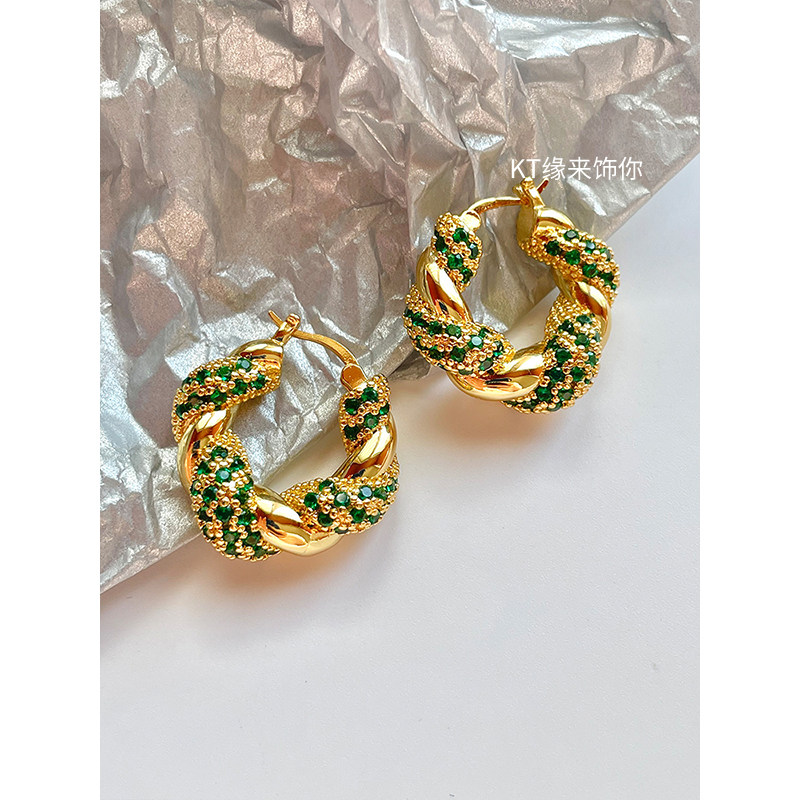 欧美风金属绿色麻花耳环复古高级金色耳扣独特满钻冷淡风重工耳饰