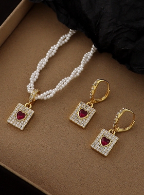 复古红爱心满钻珍珠锁骨链耳环