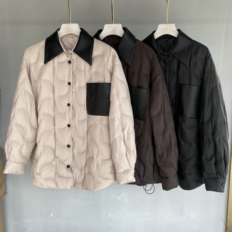 欧洲站2025冬季新款女装翻领拼皮单排扣压格90鸭绒宽松羽绒服外套