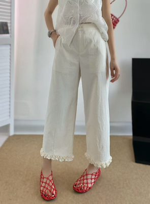 欧洲站2025夏季新款后松紧高腰裤脚拼花边减龄钛金棉九分休闲裤女