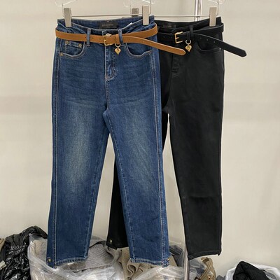 欧洲站2025秋季新款欧货高腰配腰带压花修身显瘦九分牛仔裤女 166