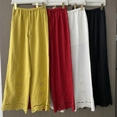 欧洲站2025夏季新款松紧腰抽绳蕾丝提花镂空减龄阔腿亚麻休闲裤女
