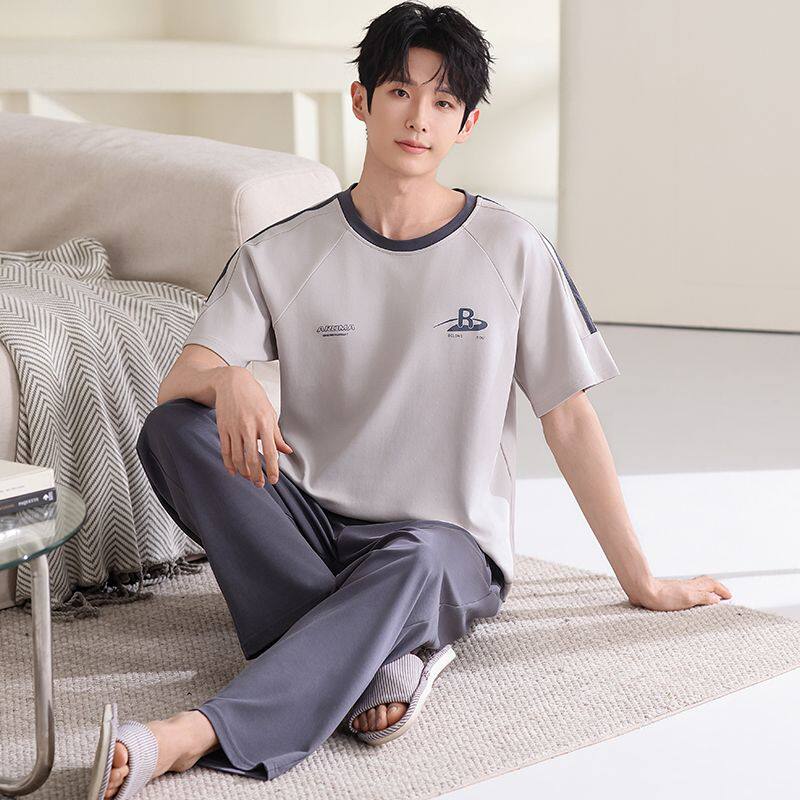 高级感棉睡衣男夏季天可外穿短袖长裤学生两件套装男士休闲家居服