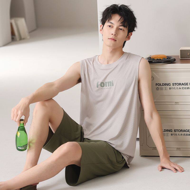 凉感冰丝睡衣男夏季天可外穿无袖背心短裤两件套装学生男士家居服