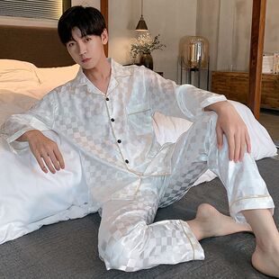 网红高档冰丝大码睡衣男春秋季长袖两件套装男士休闲空调家居服潮