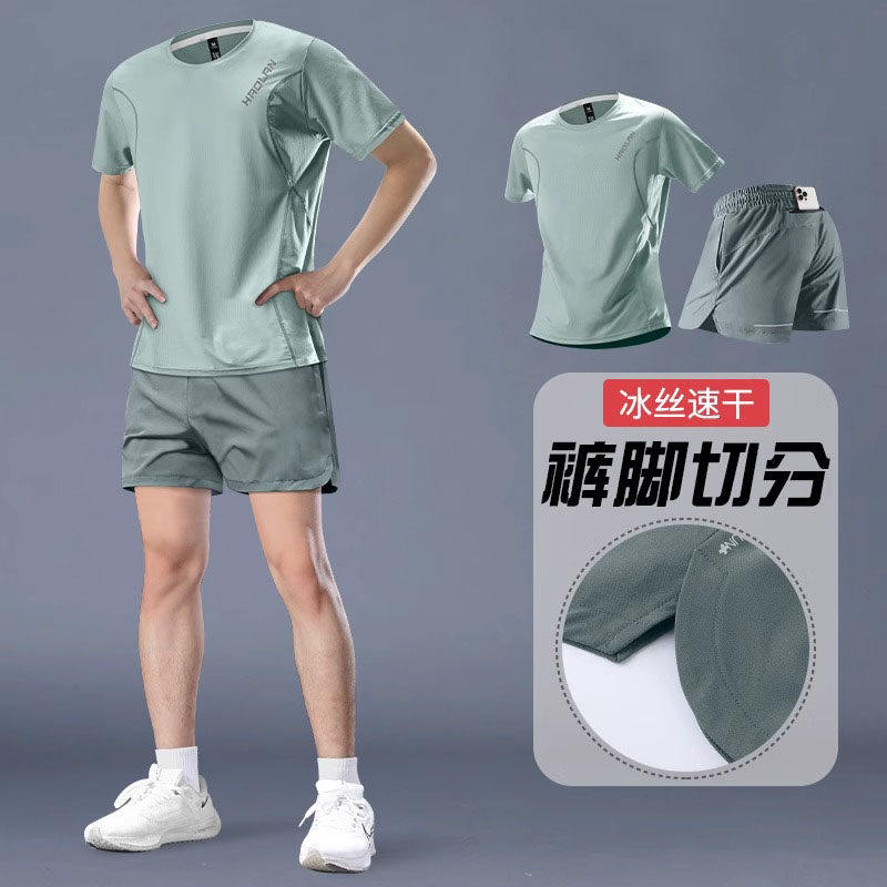 日本夏季新款男士冰丝速干衣跑步运动套装短袖短裤专业羽毛球衣服