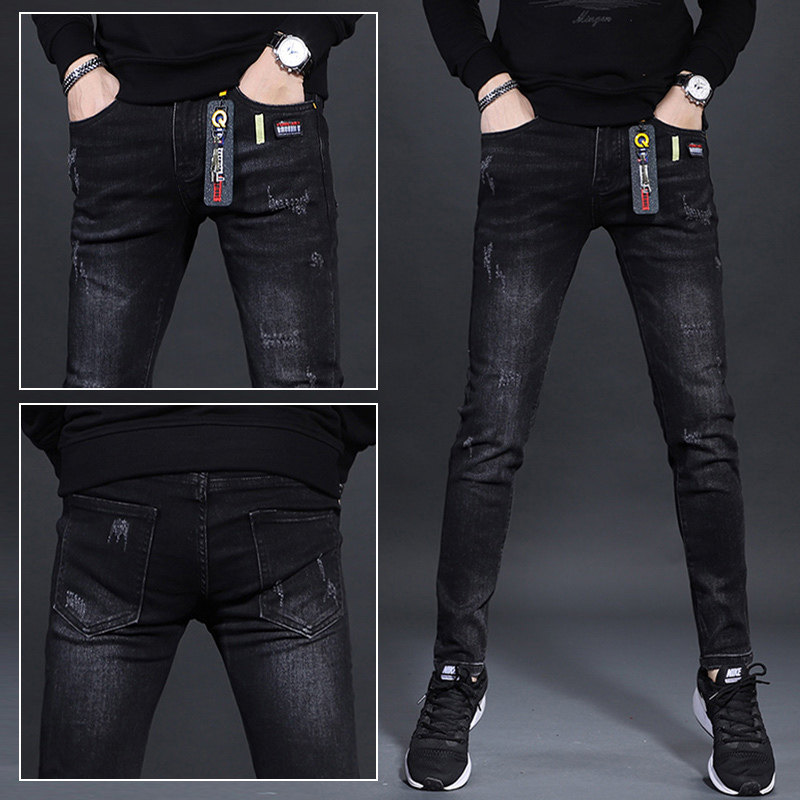 黑色牛仔裤男款秋季进口欧货弹力修身时尚小脚休闲高端加绒长裤子