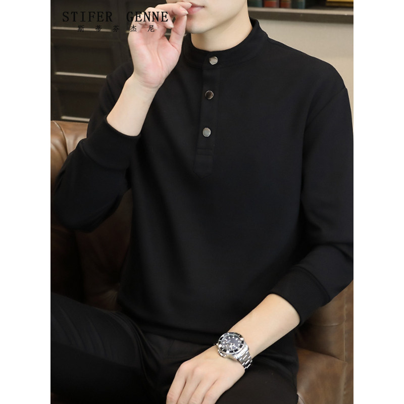 斯蒂芬黑色立领长袖T恤男春秋季2025新款高端潮牌宽松男士Polo衫