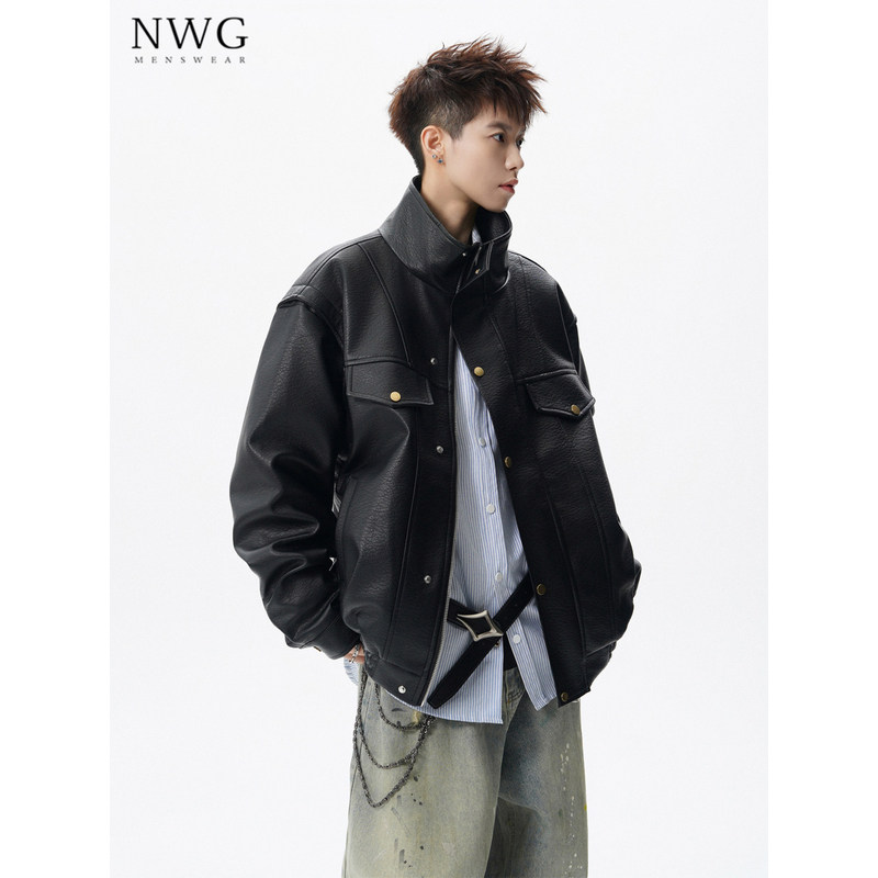 立领皮衣工装外套男春秋季新款美式痞帅宽松荔枝纹皮夹克休闲上衣