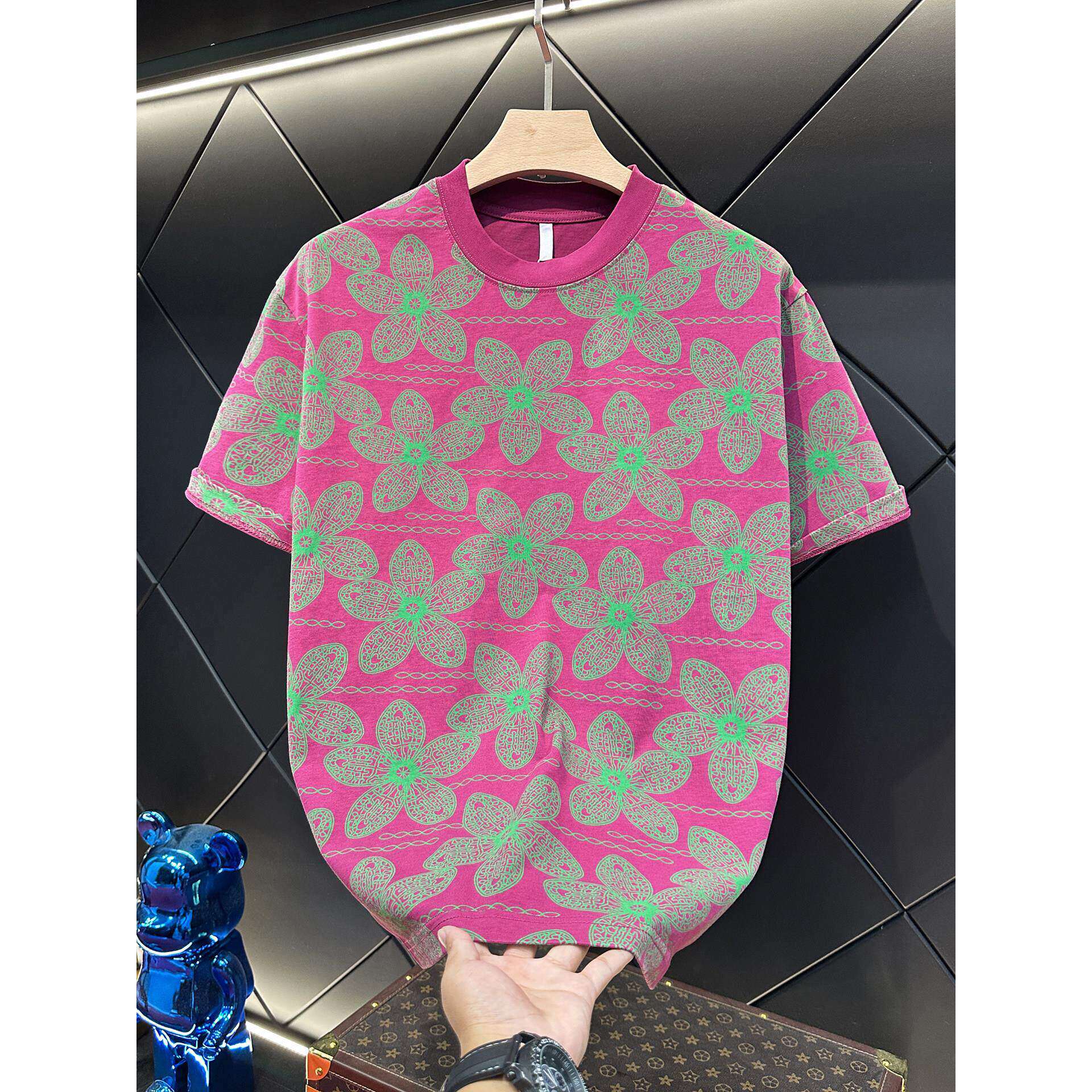 夏季新款男士痞帅设计师撞色满印花卉印花圆领短袖T恤时尚上衣潮