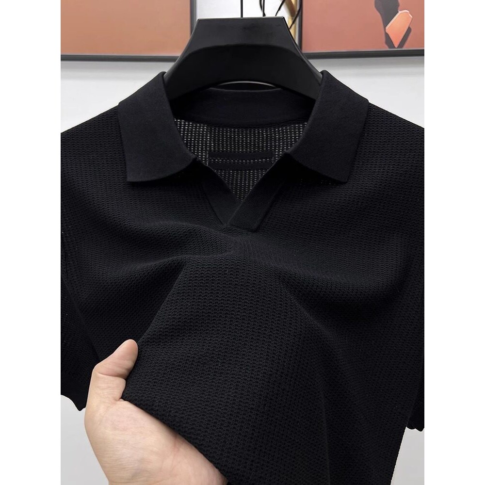 高端针织短袖T恤男夏季薄款时尚纯色V领半袖上衣轻奢休闲POLO衫