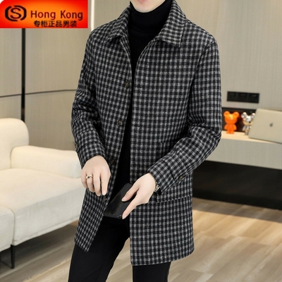 羊绒大衣男中长款2025新款秋冬季格子加棉加厚毛呢子风衣男士外套
