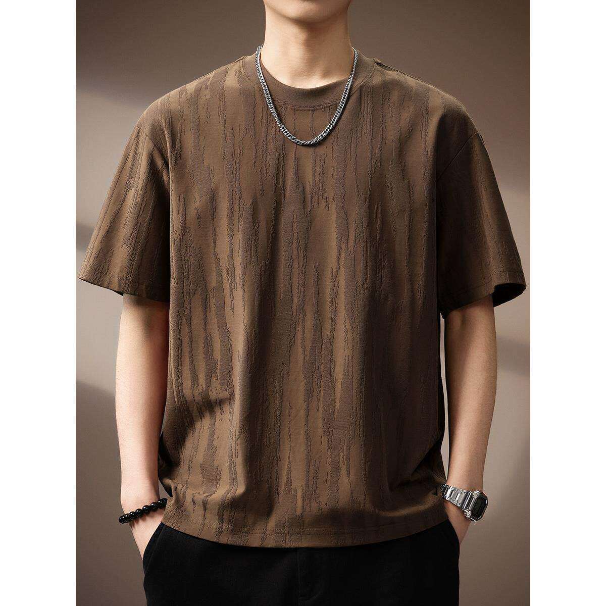高端树皮肌理感短袖T恤男宽松夏季新款潮流大码圆领休闲质感体恤