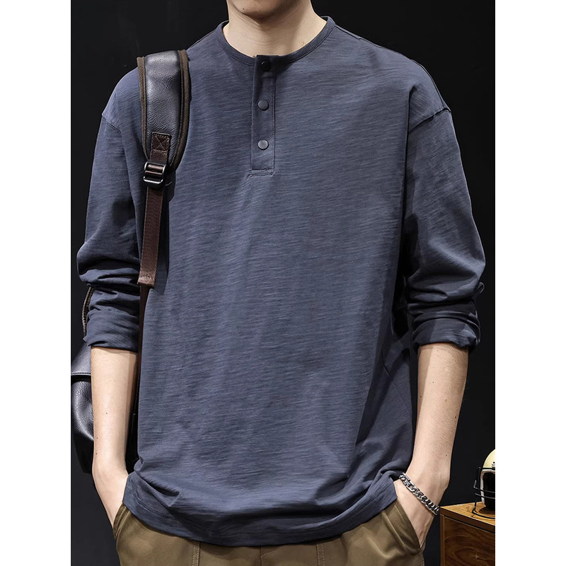 法国高端品牌亨利领纯棉长袖T恤男士秋季宽松复古重磅打底上衣服