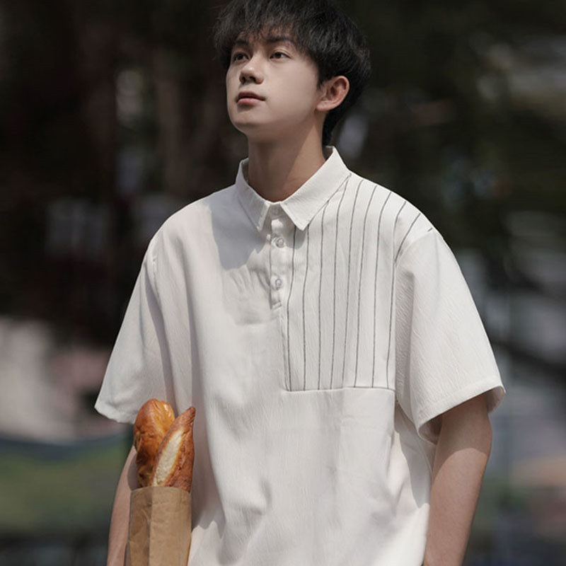 POLO衫男士夏季港风设计感拼接条纹保罗衫高街痞帅大码短袖上衣服