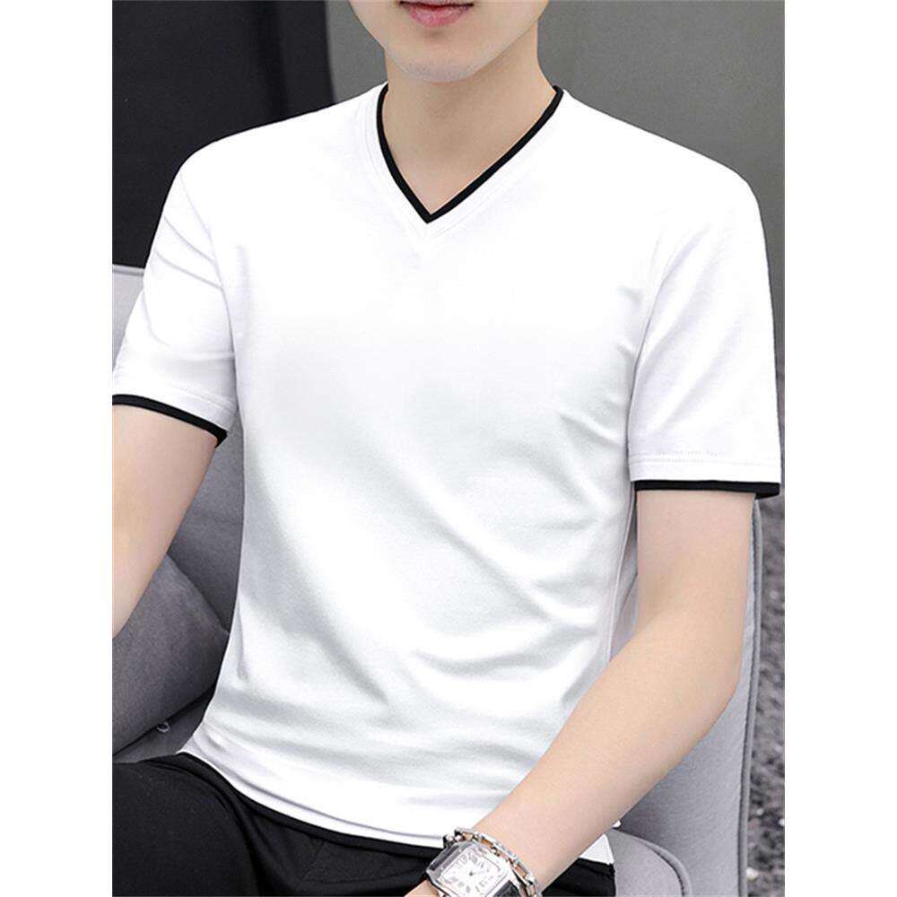 v领短袖t恤男2026夏季新款纯色假两件白色半袖纯棉修身鸡心领上衣