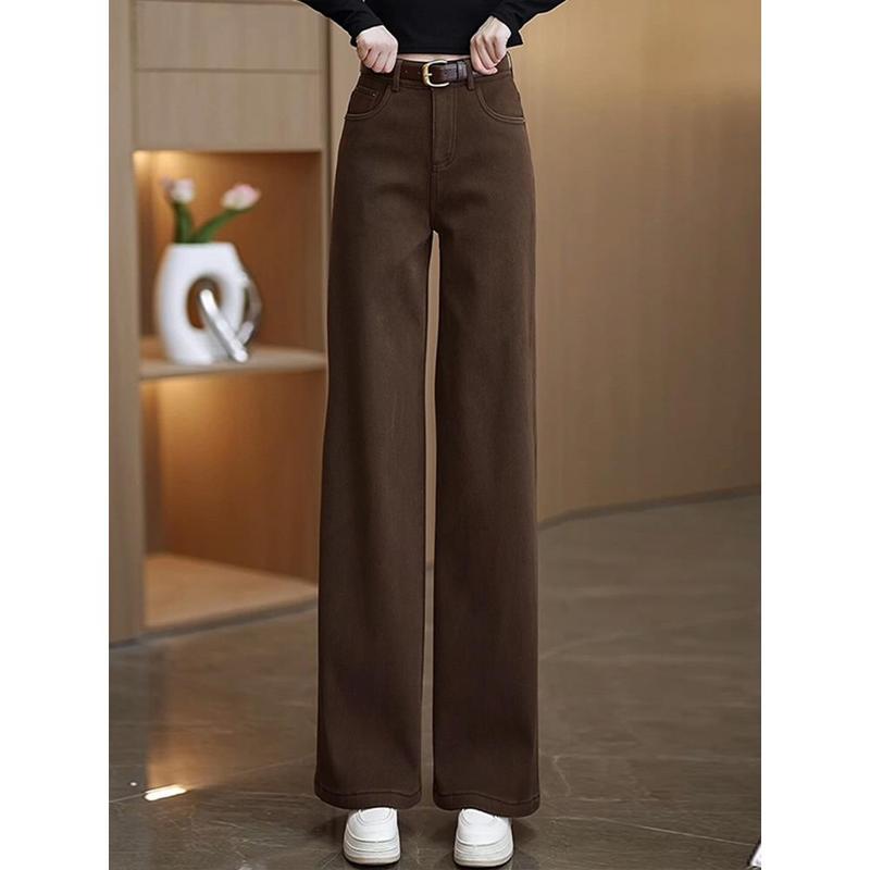 窄版软牛仔直筒裤春秋季2025新款加绒加厚棕色咖色高腰宽松阔腿裤