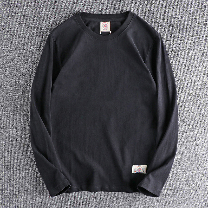 代购香港潮男春秋简约复古纯棉磨毛圆领长袖T恤男纯色休闲打底衫