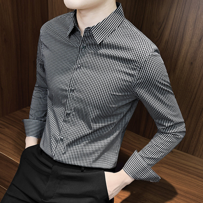 长袖格子衬衫男潮牌秋冬季新款加绒高级感商务修身衬衣男休闲上衣