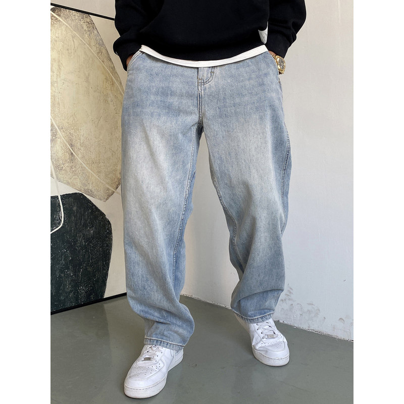 浅蓝色牛仔裤男潮牌秋冬季新款宽松直筒阔腿裤子美式复古休闲长裤