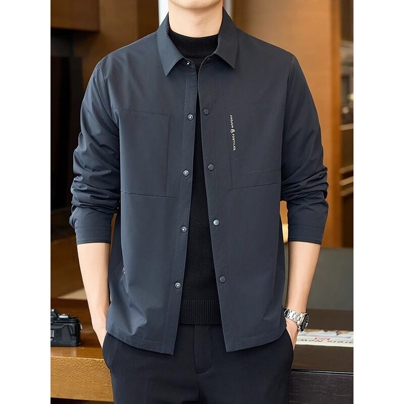 高端男士外套春秋季2025新款翻领宽松薄款商务行政夹克男装上衣服