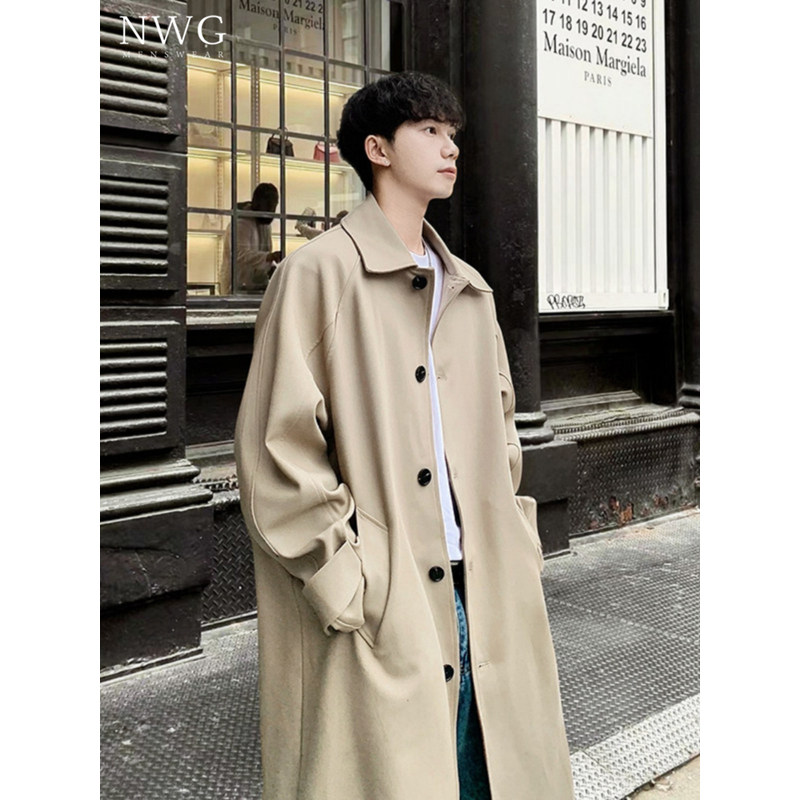 卡其色中长款风衣外套男秋冬季新款高级感韩系过膝大衣男休闲上衣