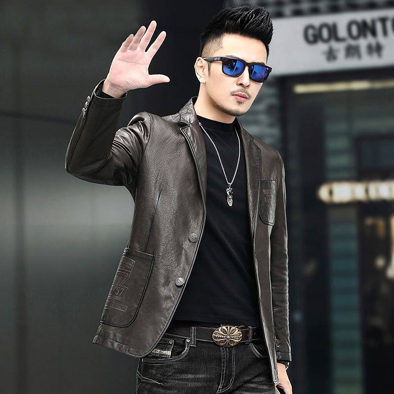 真皮皮衣男2025春秋季新款西装领修身潮流绵羊皮夹克高级男士外套