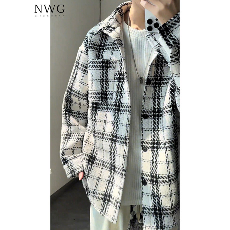 黑白色格子外套男春秋季2025新款小香风毛呢子衬衫夹克男休闲上衣