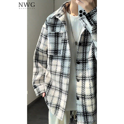 黑白色格子外套男春秋季2025新款小香风毛呢子衬衫夹克男休闲上衣