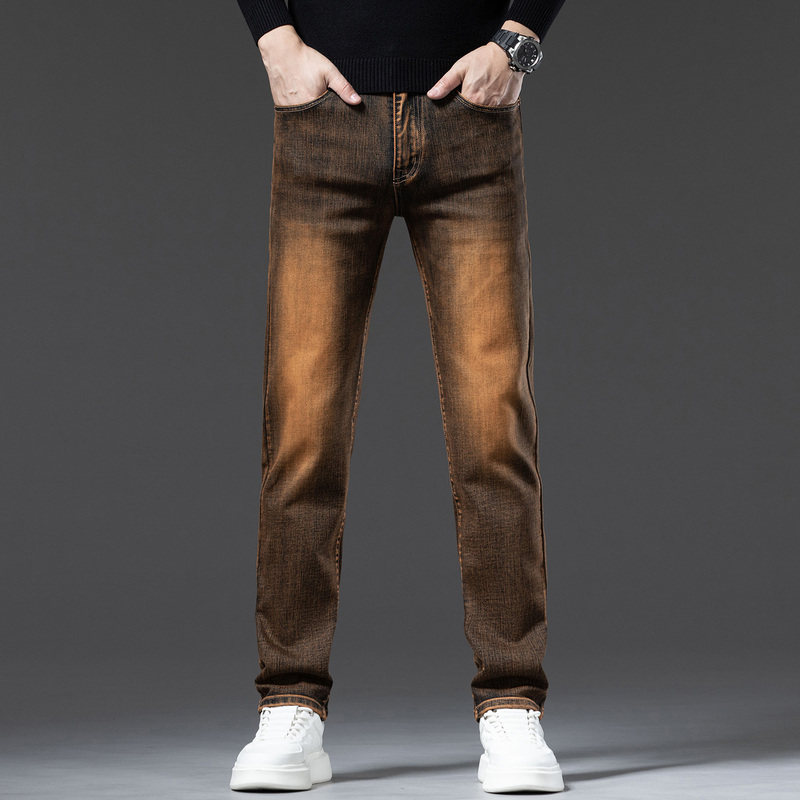香港秋季新款牛仔裤男士修身弹力直筒裤韩版古铜色复古怀旧长裤子