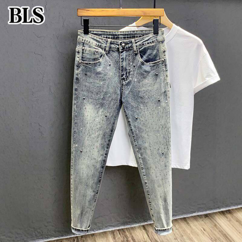 高端烫钻做旧蓝牛仔裤男款夏季薄款2026新款修身小脚九分休闲长裤