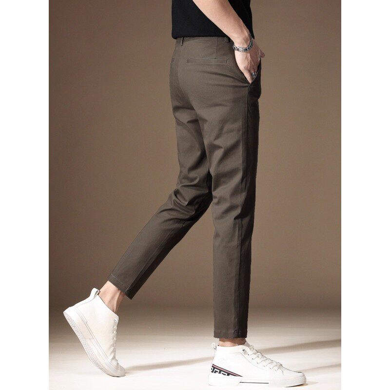 高端秋季新款棕色九分西裤男修身小脚潮牌纯棉商务休闲直筒长裤男
