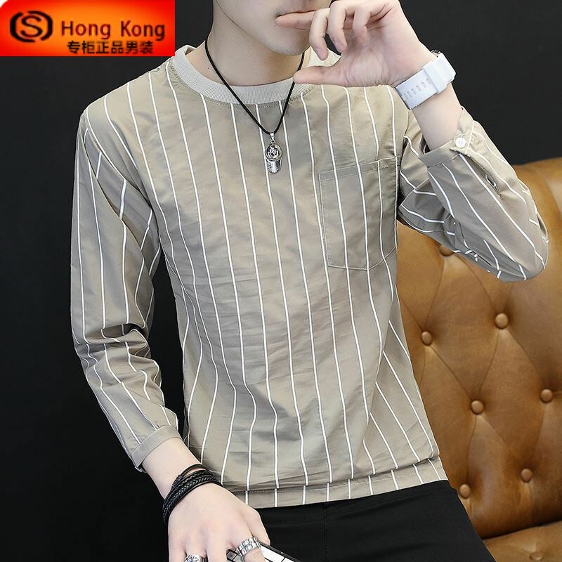 长袖T恤男纯棉薄款2025新款春秋季韩版潮流卫衣竖条纹男士打底衫