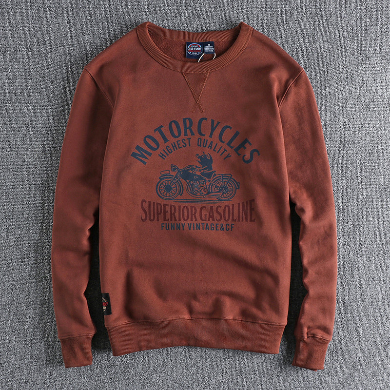 代购香港潮男秋冬新款趣味摩托机车印花加绒厚实男士圆领套头卫衣