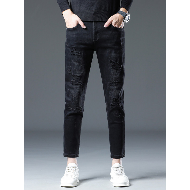 法国一线高端品牌九分牛仔裤男小脚弹力2025年秋冬新款休闲破洞裤