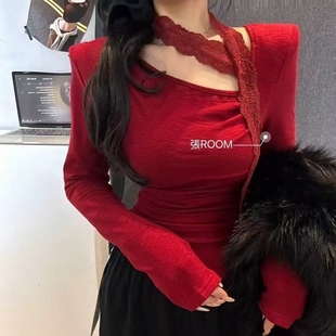张ROOM蕾丝飘带气质T恤女设计感不对称修身 打底 收腰显瘦上衣长袖