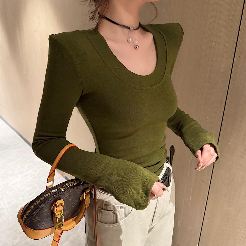纯欲U领磨毛加绒打底衫女2024秋冬新款内搭显瘦T恤修身长袖上衣潮
