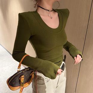 长袖 内搭显瘦T恤修身 上衣潮 女2024秋冬新款 纯欲U领磨毛加绒打底衫