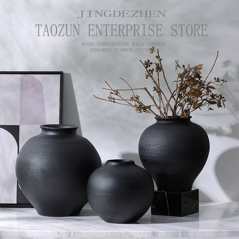 中式侘寂风复古黑色粗陶陶罐客厅陶瓷花瓶摆件酒店样板间软装饰品