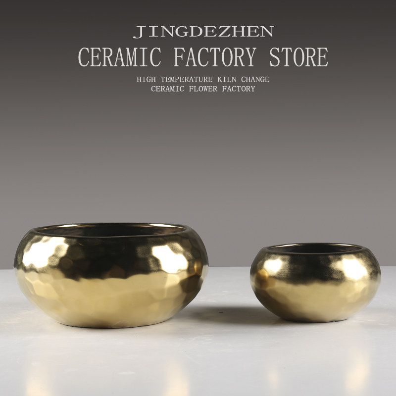 剑山插花器多肉小花盆金色陶瓷花瓶摆件客厅干花插花家居装修饰品