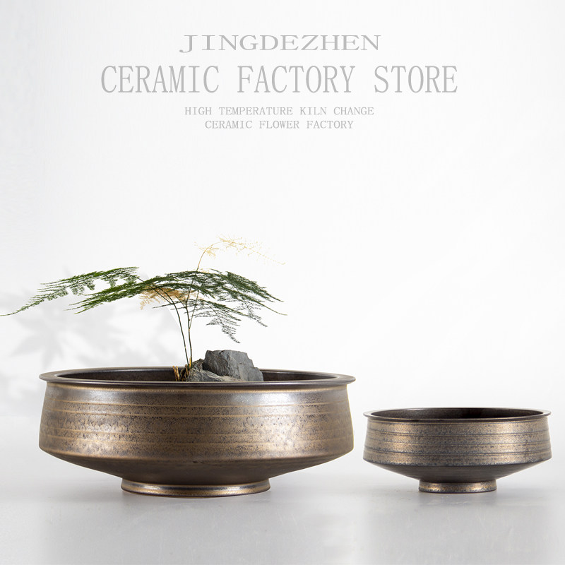 现代简约古铜色仿金属陶瓷花瓶花盆阳台花架景德镇摆件样板房玄关